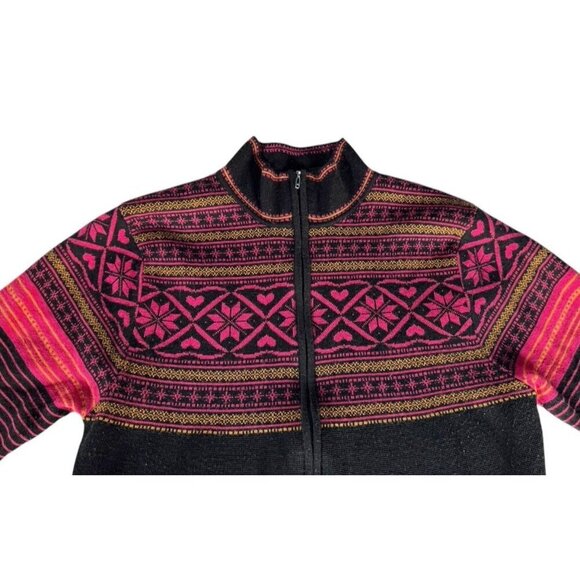 VTG Obermeyer Woman's Sz L Full Zip Black Pink Yellow Fair Isle Cardigan Sweater - Picture 8 of 11
